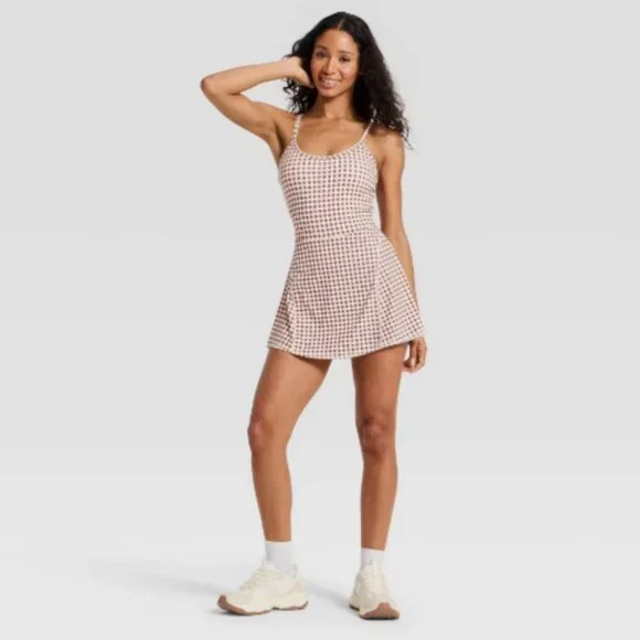 JoyLab - Women's Cinch Back Active Dress - Brown Gingham Medium - Picture 2 of 4
